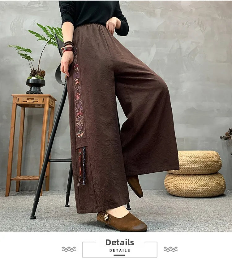 Ele Embroidered Cotton Linen Wide Leg Pants Women's Casual High Waist Trousers Spring Autumn New Sle Comfortable Loose Fit