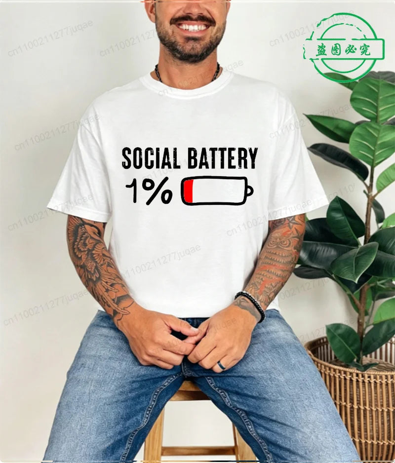 T-shirt for Men Social Battery 1 Percent Funny Introvert T Shirt Men Tops Casual Clothing Oversize Vintage Clothes Trend Tshirt