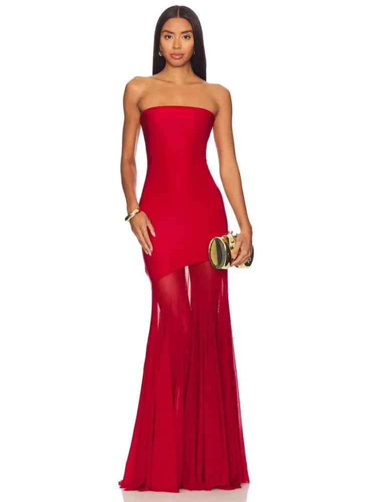 Off-shoulder Strapless Sexy Maxi Dress Women Gown Fashion Elegant Mesh Sleeveless Backless Bodycon Club Party Dresses 2025