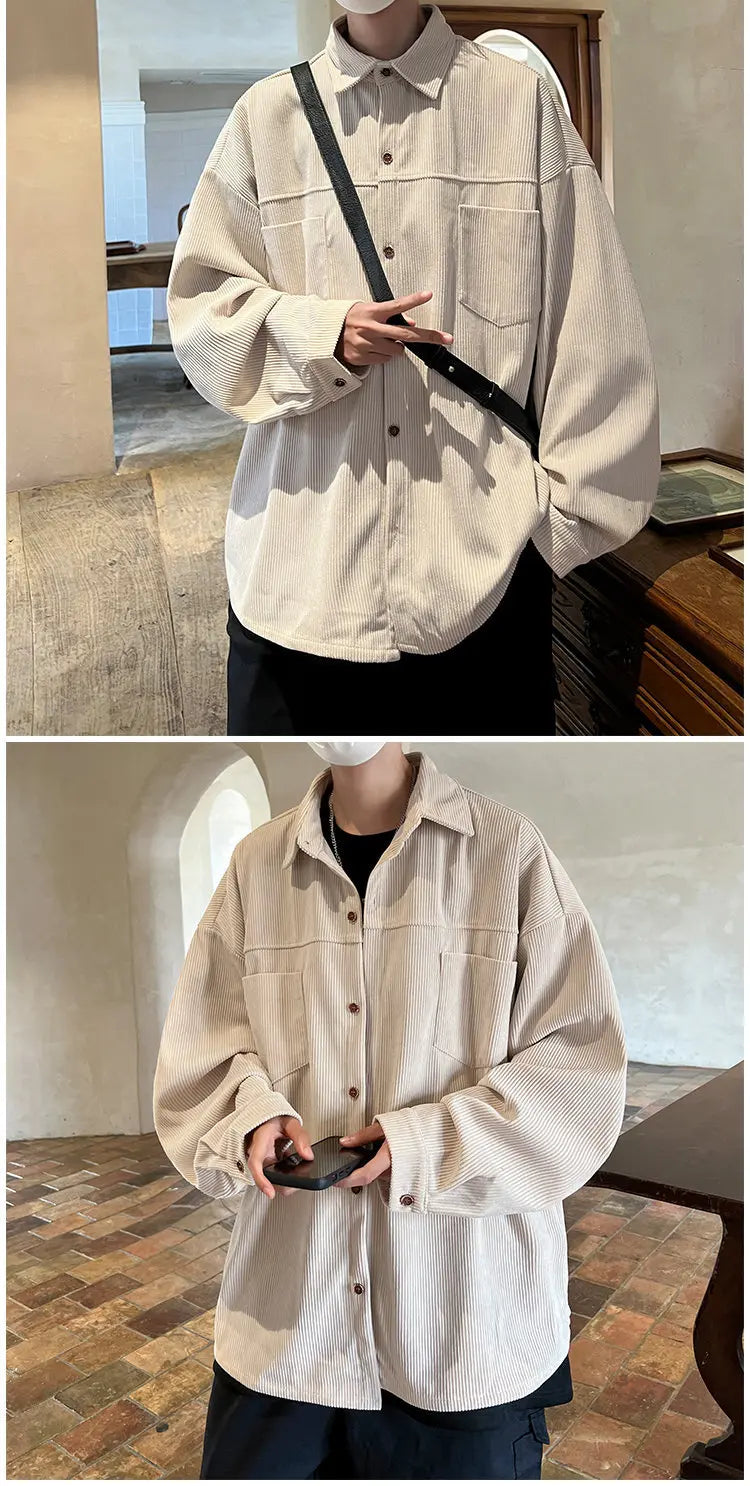Corduroy Shirt Boys Spring Autumn American Retro Long-sleeved Shirt Japanese Casual Jacket