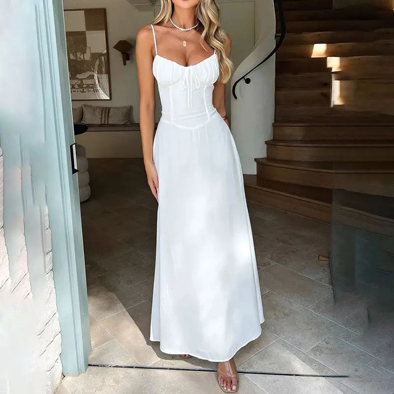 Elegant Strappy Sexy Backless Maxi Dress Women's Summer Fashion Solid Round Neck Pleated Waist Slim Evening Dress Long Dresses