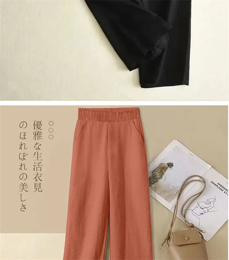 Linen Wide Leg Pants Women New Summer Thin Elastic High Waist Long Pants Autumn Casual Loose Cotton And Linen Straight Trousers