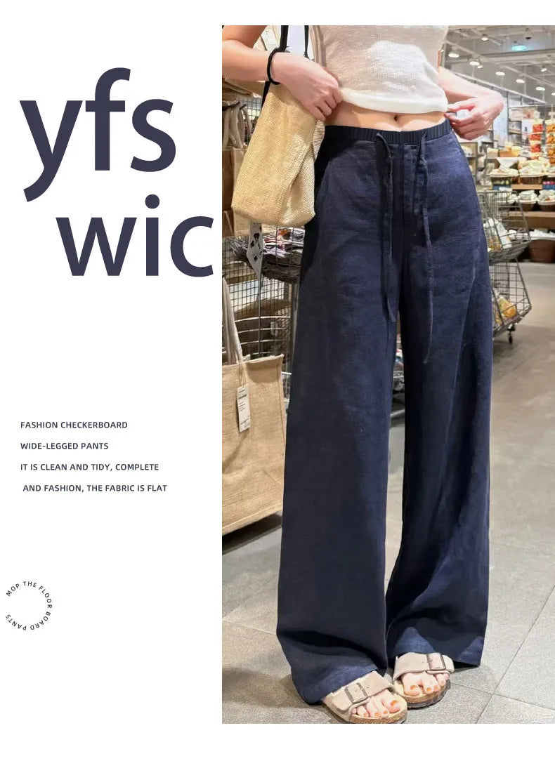 Women Navy Blue Cotton Linen Straight Wide Leg Pants 2026 New Thin High Rise Loose Lazy Fit Spring Summer Daily Casual Trousers