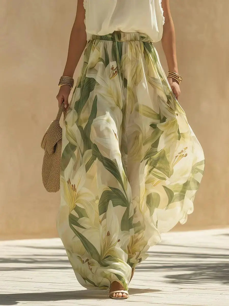 Ruffle Fashion Printed Trousers 2-piece Set Spring Summer New Women's Sexy V-neck Halterneck Waist Trousers Set Костюм Женский