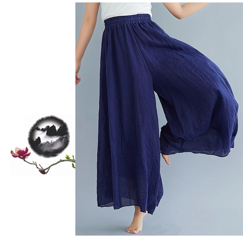 Cotton Linen Wide Leg Pants for Women Summer Casual Loose Pants High Waist Big Swing Skirt Capris Women Clothing PT-565