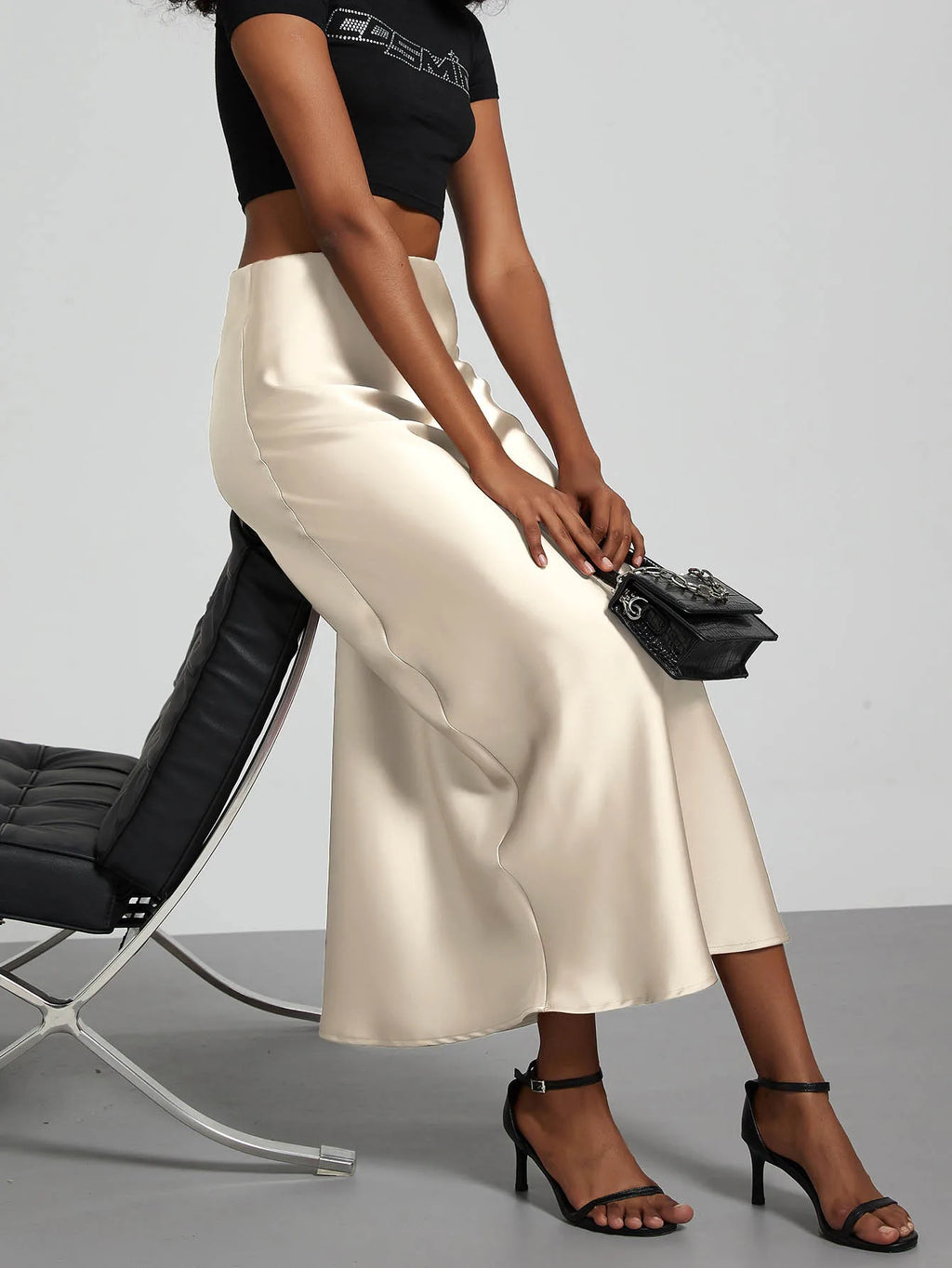 Minimalist Satin Midi Skirt  High Waist Bias Cut Flowy Hem Top for Office & Casual Streetwear