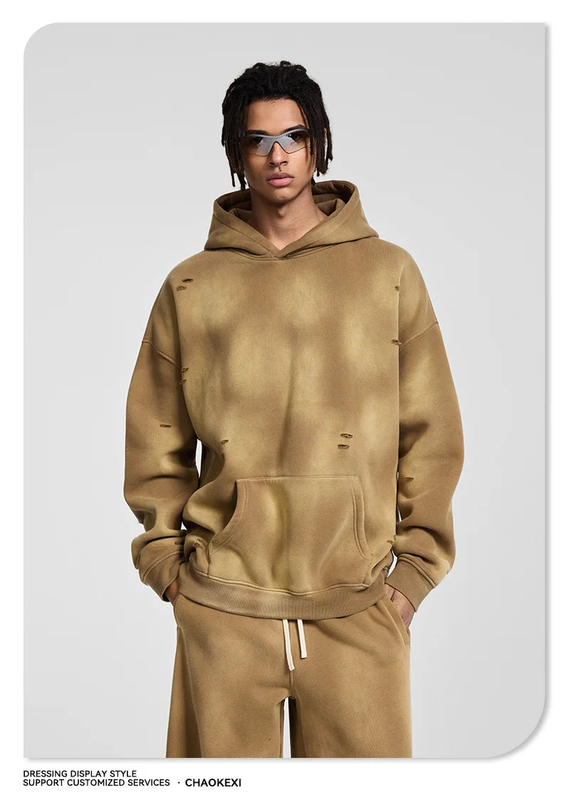 Oversized Hoodies Men Vintage Streetwear Acid Wash Ripped Hoodie Heavyweight Fleece Sweatshirt Pullover Thickened Winter Clothes