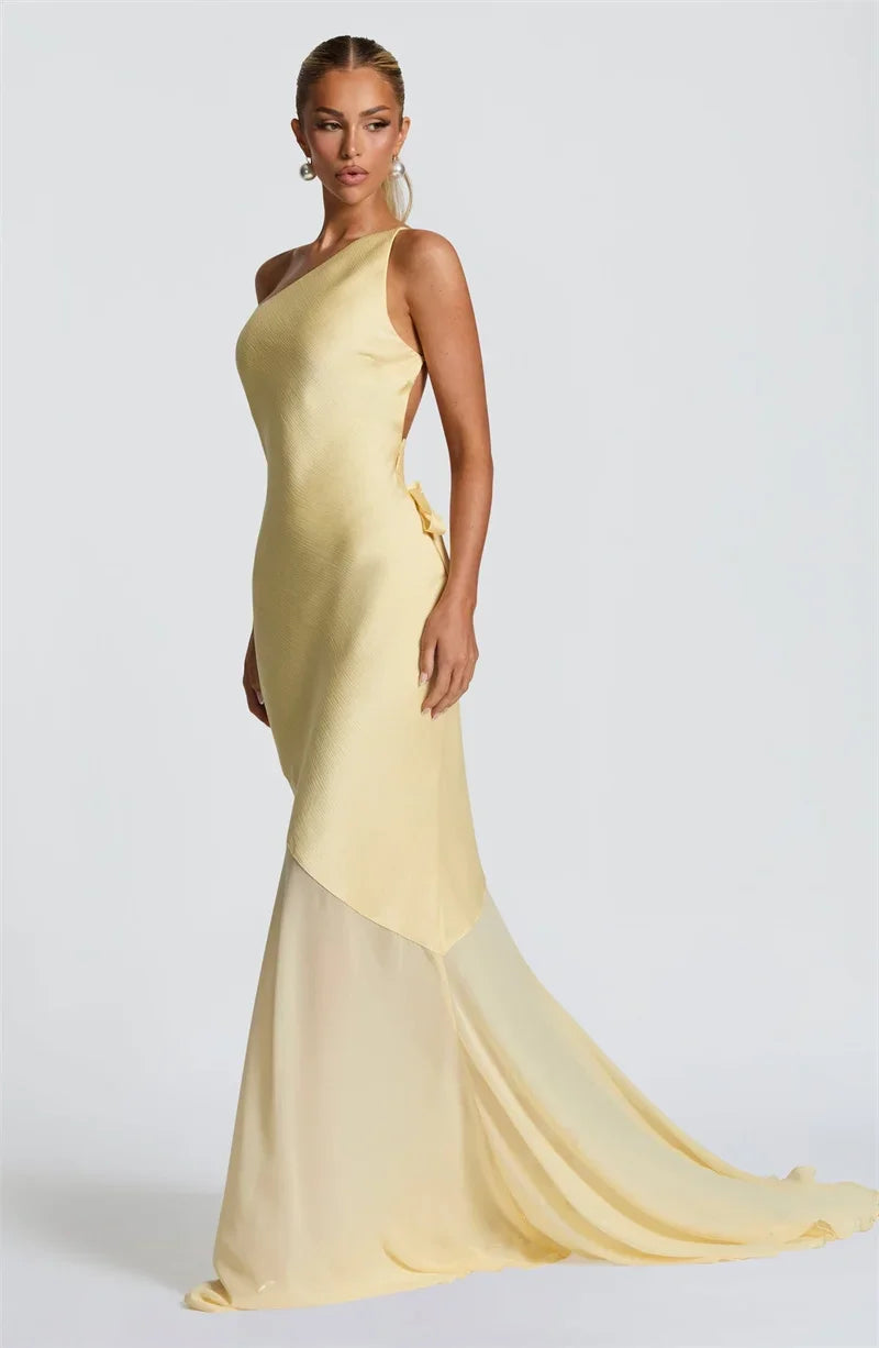 One Shoulder Backless Sexy Maxi Dress Women Gown Fashion Patchwork Sleeveless Bodycon Club Party Long Dress Elegant