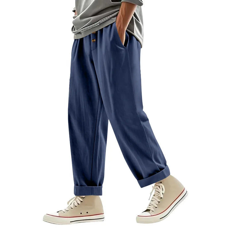 Men's Boho Linen Blend Wide Leg Pants High Waist Drawstring Button Fly Loose Fit Trousers with Side Pockets