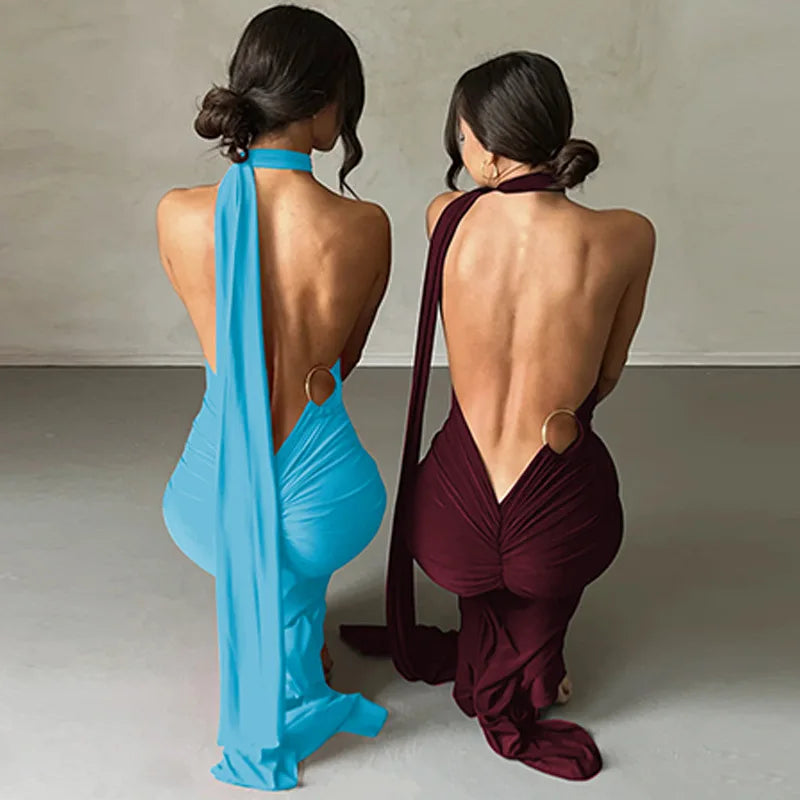 Sexy Backless Bodycon Long Dress Women's Halter Curvy Maxi Dresses Summer Evening Party Birthday Black New Summer White Burgundy