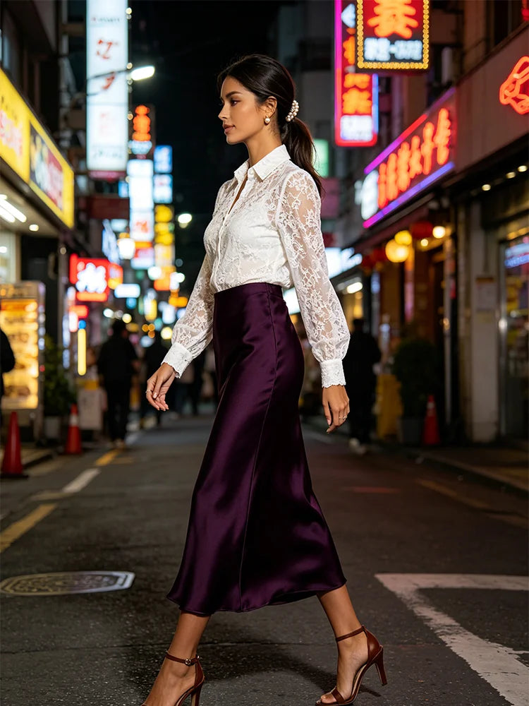 Minimalist Satin Midi Skirt  High Waist Bias Cut Flowy Hem Top for Office & Casual Streetwear