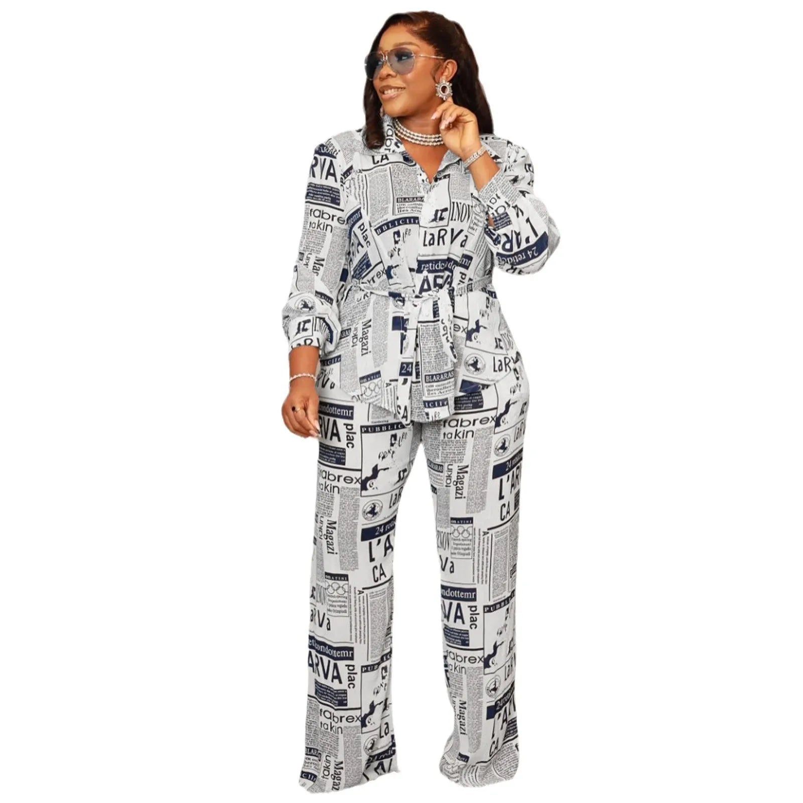 Ladies Clothes Damen Kleidung Stylish Newspaper Print Lapel Long Sleeves Loose Trousers Home Set Outfits For Women's 2 Piece Set