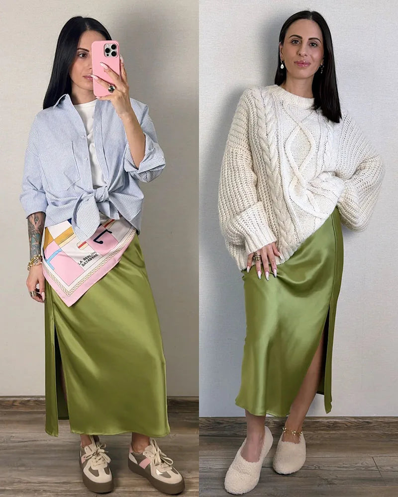 Midi Satin Skirts Women Luxury Summer Black Formal Silk Office Skirt With Slit A Line Green Midi Skirt Burgundy Women Elegant