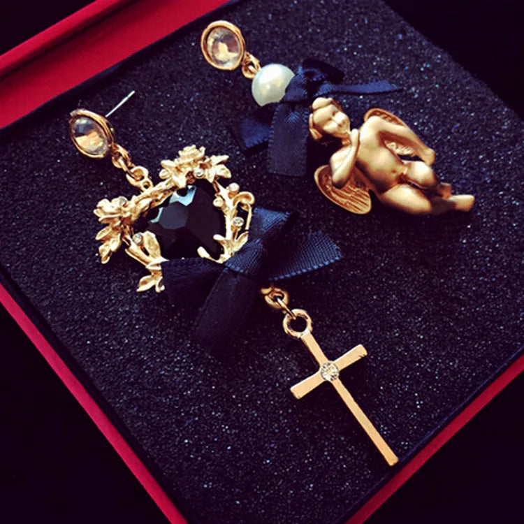 Baroque Asymmetrical Vintage Cross Pearl Pendant Earrings For Women Lady Crsytal Heart Angel Ear Rings Classic Long Earring