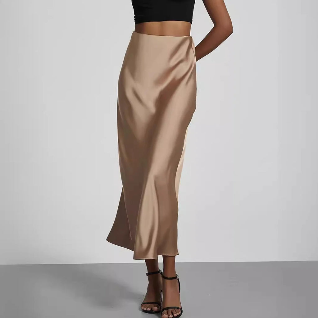 Minimalist Satin Midi Skirt  High Waist Bias Cut Flowy Hem Top for Office & Casual Streetwear