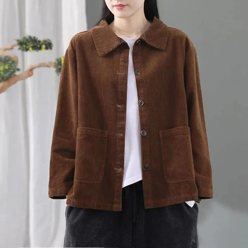 Corduroy Jacket Women's Shirt Spring Autumn New style Retro Long sleeved Loose Korean version High-end Lady Short Windbreaker
