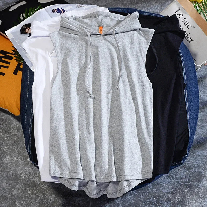 Summer new men's casual sleeveless T-shirt Hooded Vest loose cotton waistcoat men's wear