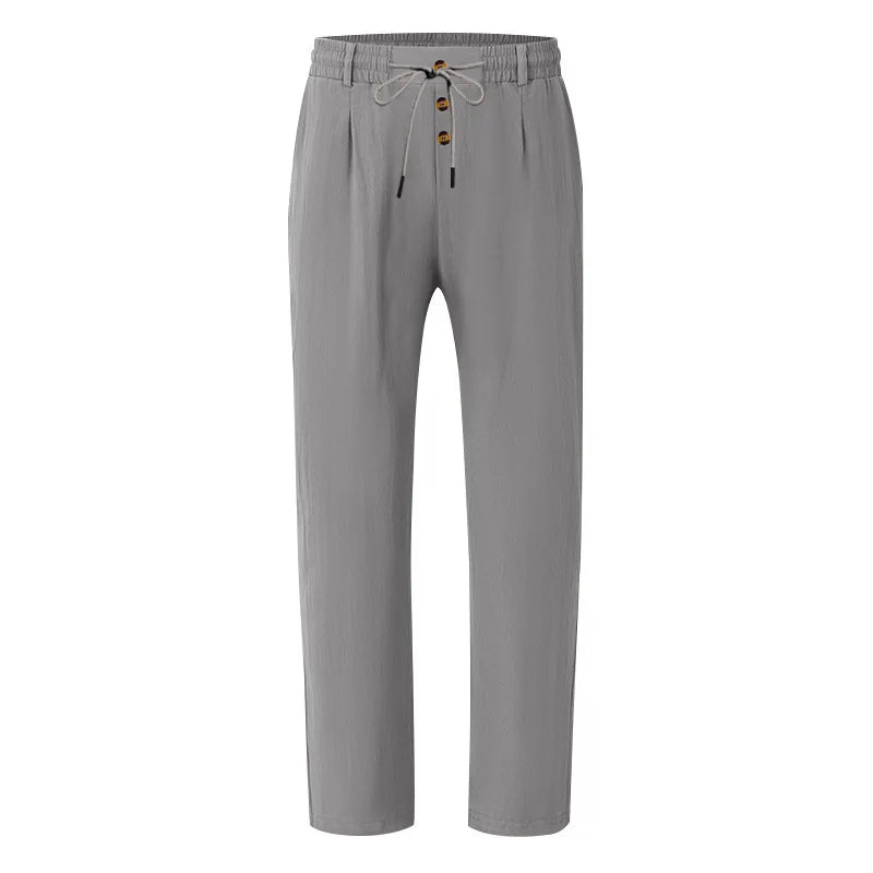Men's Boho Linen Blend Wide Leg Pants High Waist Drawstring Button Fly Loose Fit Trousers with Side Pockets