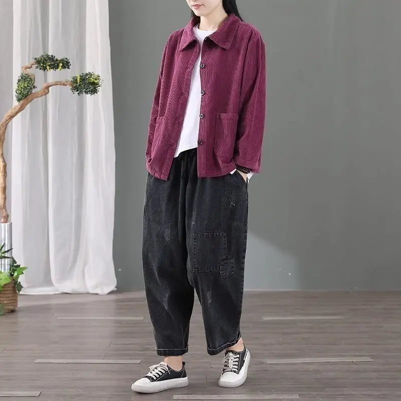 Corduroy Jacket Women's Shirt Spring Autumn New style Retro Long sleeved Loose Korean version High-end Lady Short Windbreaker