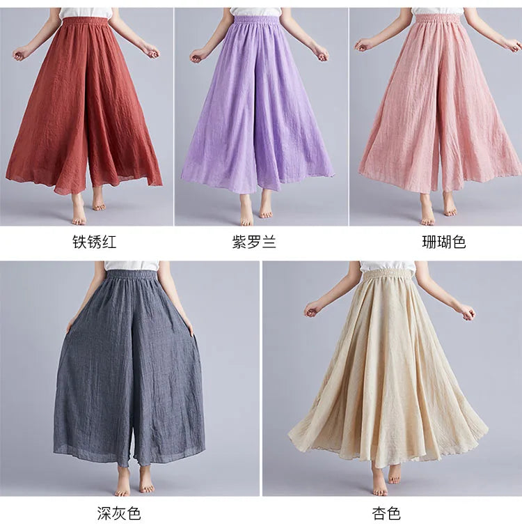 Cotton Linen Wide Leg Pants for Women Summer Casual Loose Pants High Waist Big Swing Skirt Capris Women Clothing PT-565