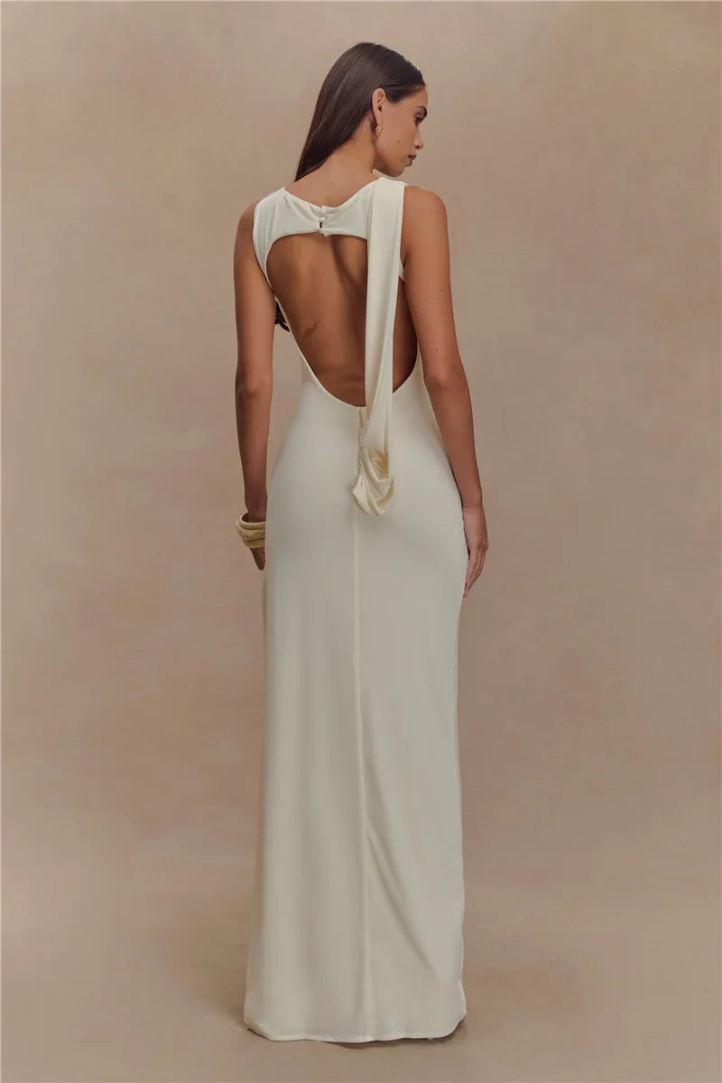Backless Ruched Sexy Maxi Dress Women Summer O Neck High Split Bodycon Elegant Long Dress Fashion Gown Sleeveless Dresses 2025