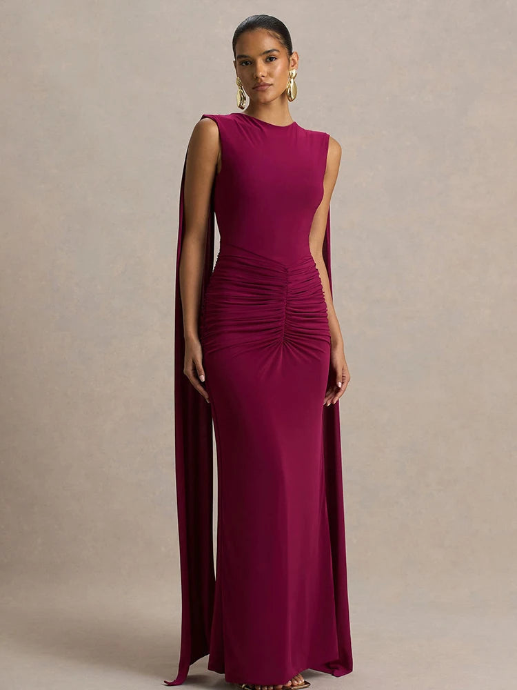 New Backless Evening Gowns Elegant Lady Bodycon Ruched Maxi Dress with Ribbon Fashion Women Sleeveless Prom Dress for Party