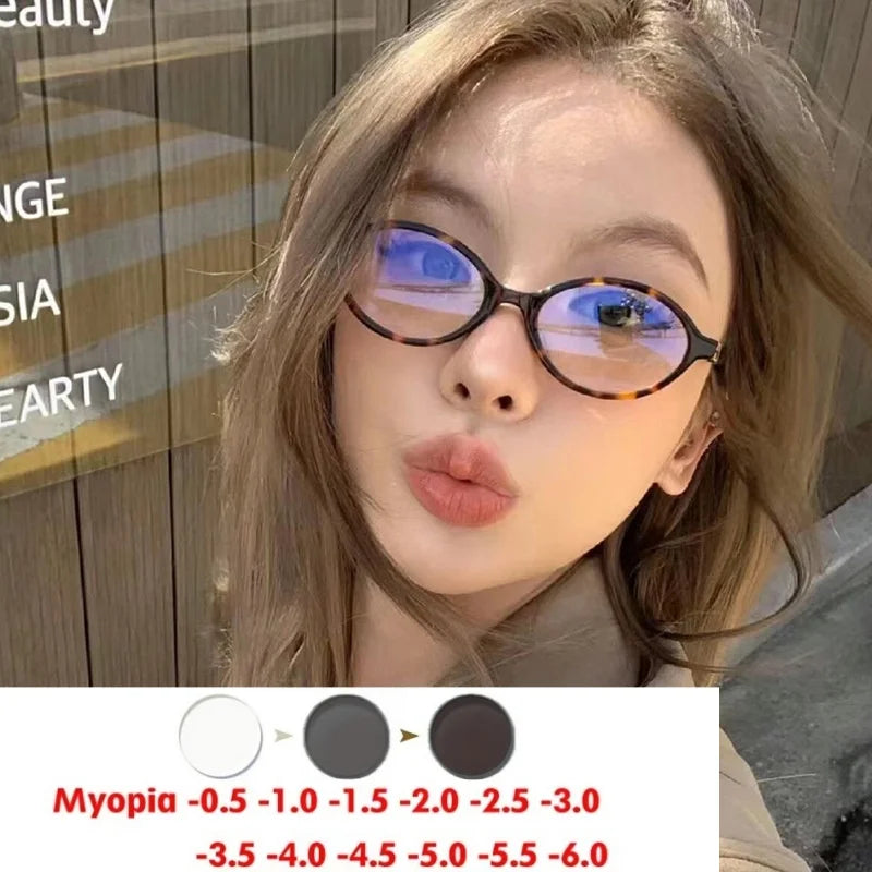 Glasses Frame Nerd Oval Student Anti-Blue Light Small Frame Myopia Prescription Glasses Photochromic Glasses