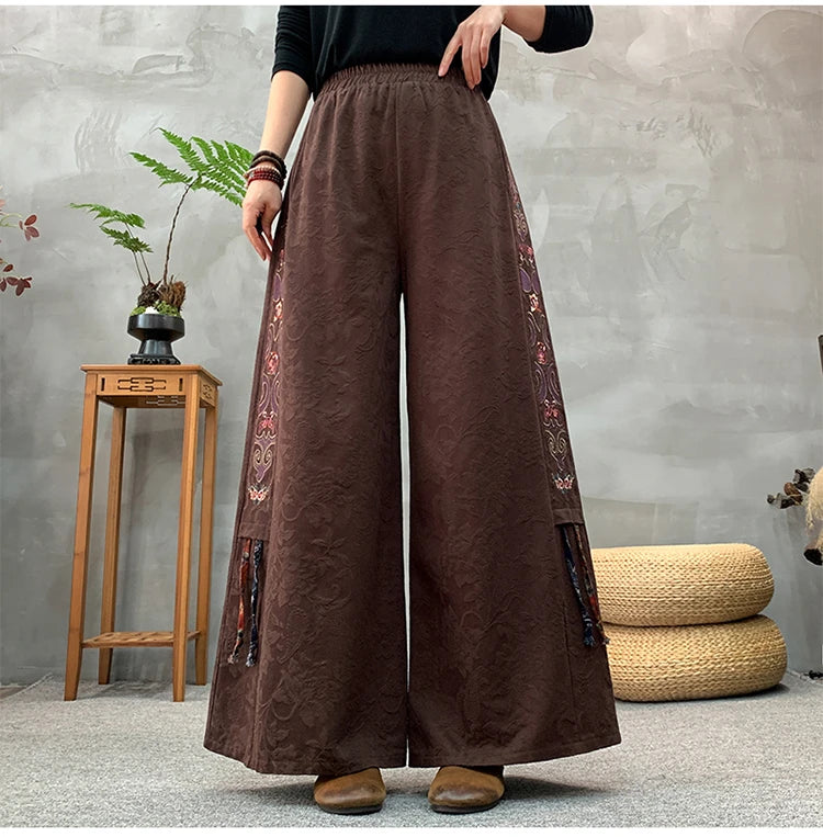 Ele Embroidered Cotton Linen Wide Leg Pants Women's Casual High Waist Trousers Spring Autumn New Sle Comfortable Loose Fit