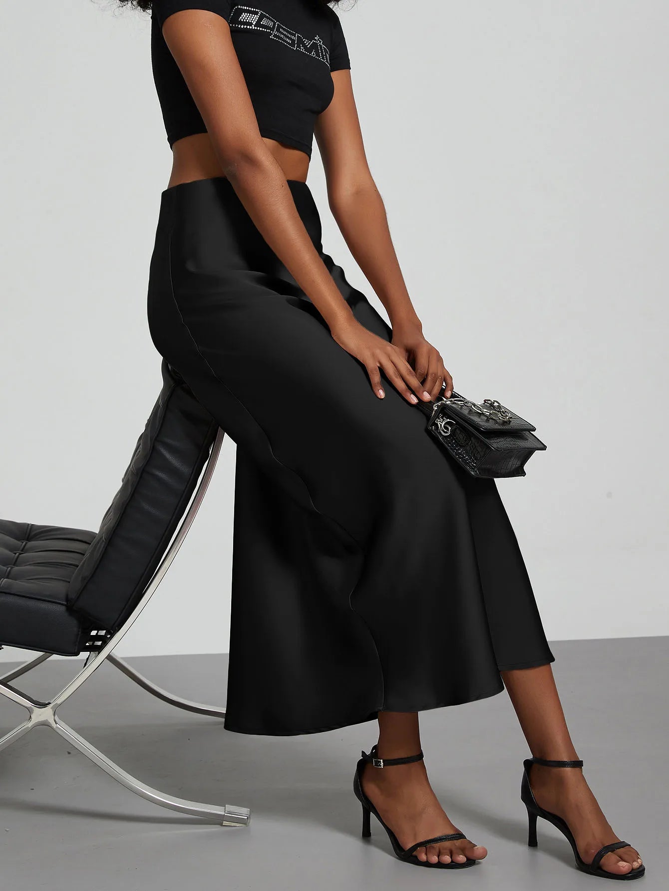 Minimalist Satin Midi Skirt  High Waist Bias Cut Flowy Hem Top for Office & Casual Streetwear