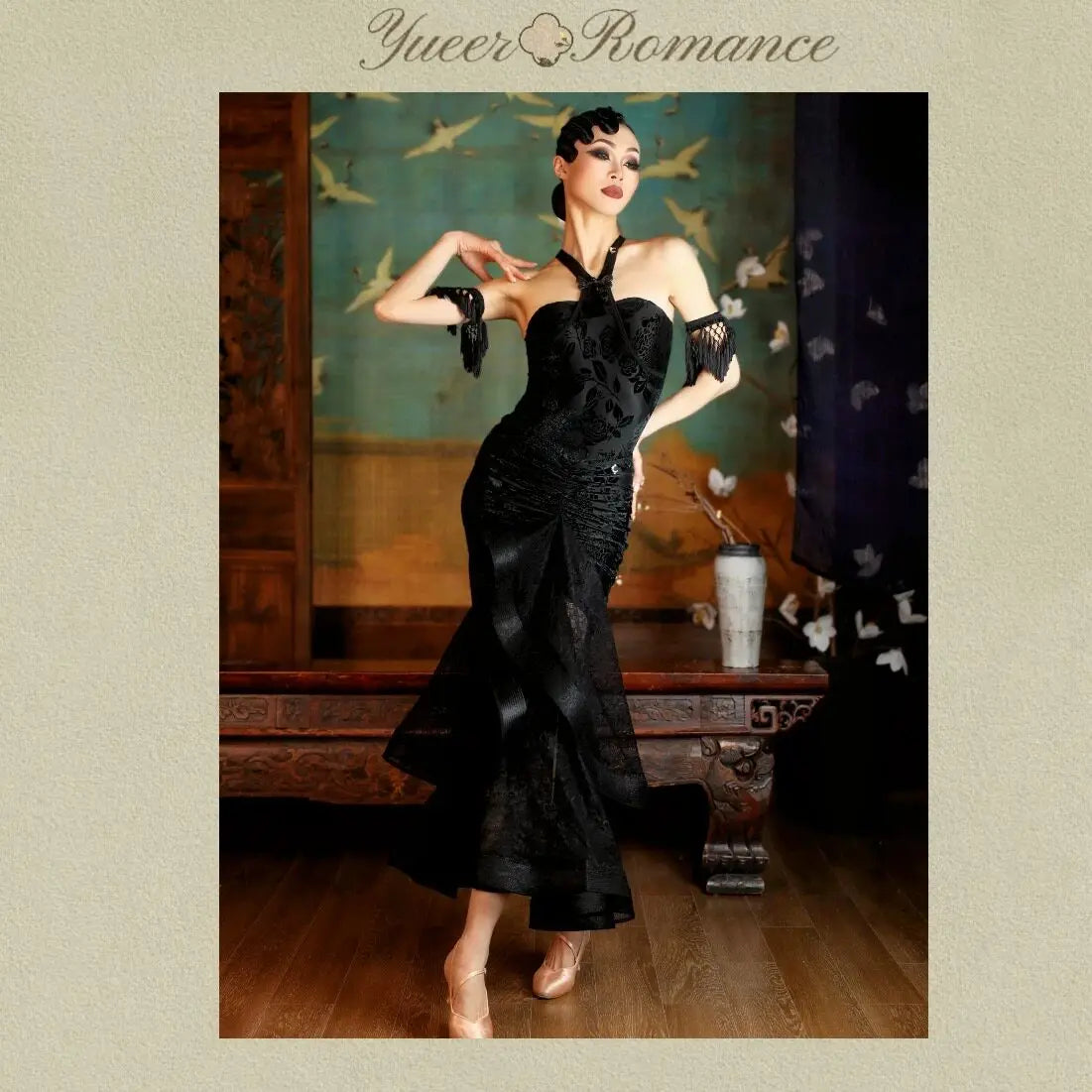customized double layered curved neck and strapless professional modern Latin dance outfit jumpsuit set bodysuit long skirt
