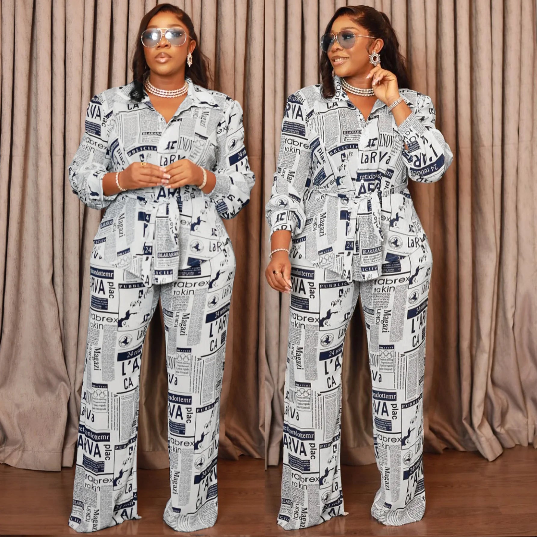 Ladies Clothes Damen Kleidung Stylish Newspaper Print Lapel Long Sleeves Loose Trousers Home Set Outfits For Women's 2 Piece Set