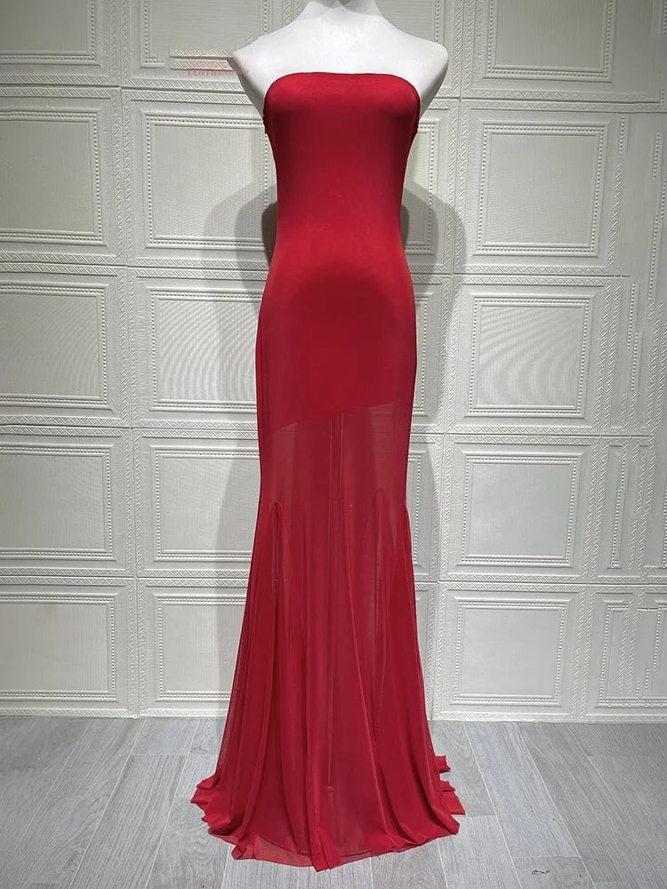 Off-shoulder Strapless Sexy Maxi Dress Women Gown Fashion Elegant Mesh Sleeveless Backless Bodycon Club Party Dresses 2025