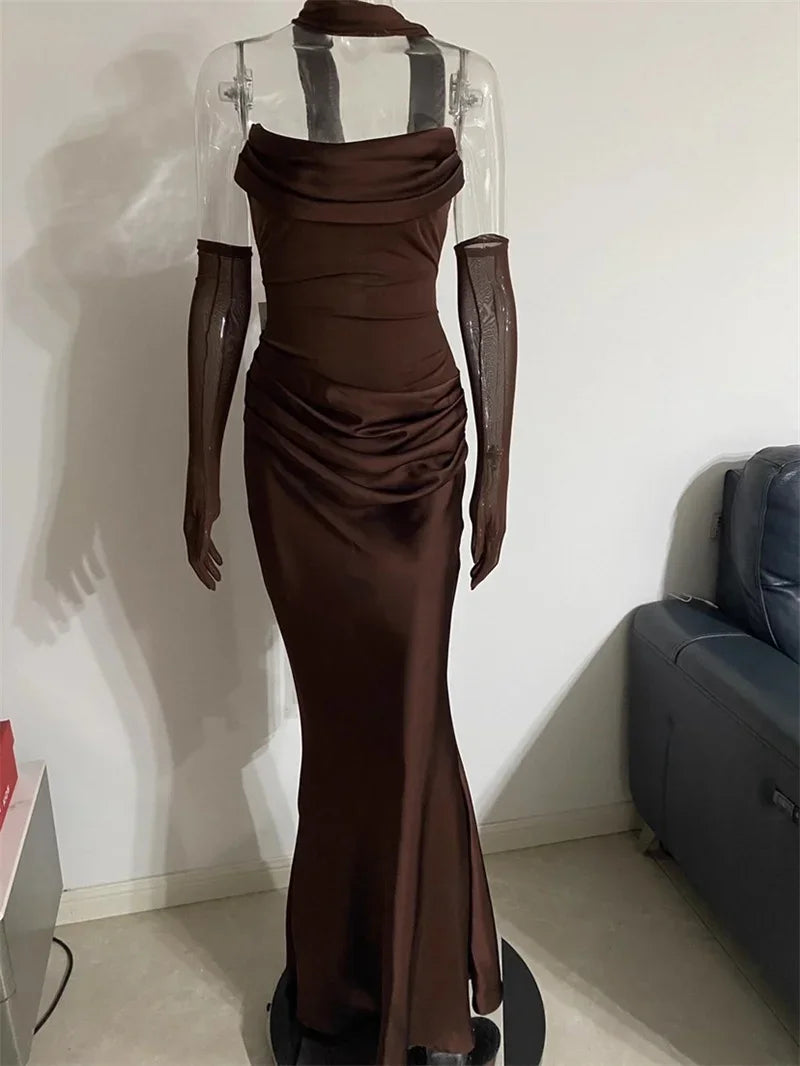Off-shoulder Backless Sexy Maxi Dress Women Gown Elegant Scarf Collar Strapless Sleeveless Bodycon Club Party Dresses