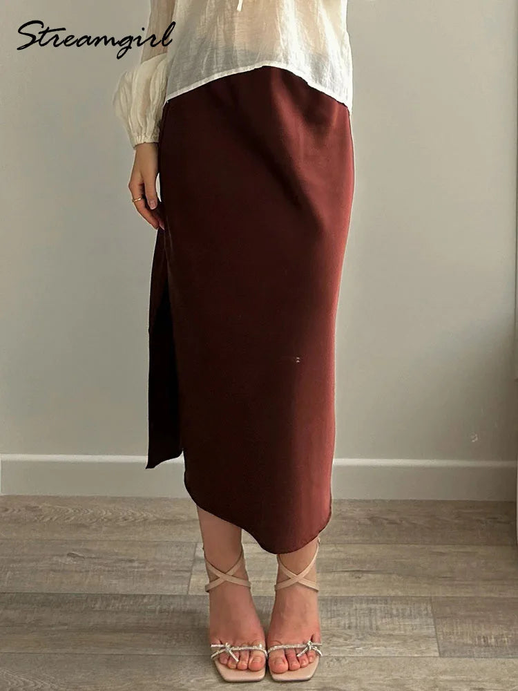 Midi Satin Skirts Women Luxury Summer Black Formal Silk Office Skirt With Slit A Line Green Midi Skirt Burgundy Women Elegant