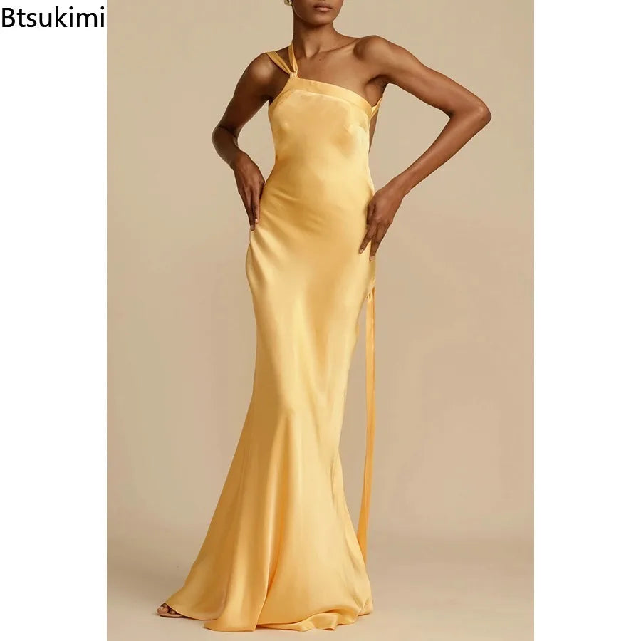 2026 Sexy Backless Maxi Dress Women's Solid Sleeveless Skew Collar Off-shoulder Elegant Party Evening Dresses for Ladies Vestido