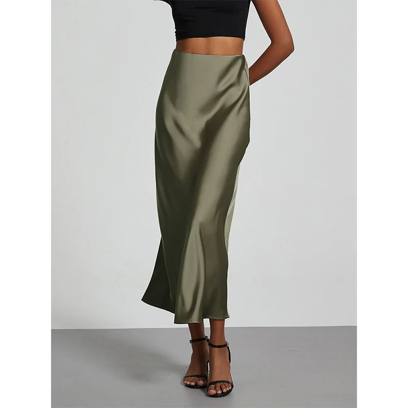 Minimalist Satin Midi Skirt  High Waist Bias Cut Flowy Hem Top for Office & Casual Streetwear