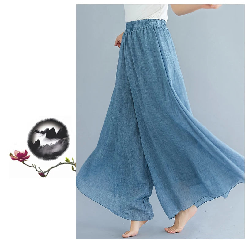 Cotton Linen Wide Leg Pants for Women Summer Casual Loose Pants High Waist Big Swing Skirt Capris Women Clothing PT-565