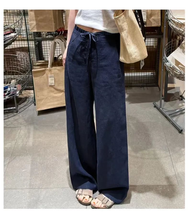 Women Navy Blue Cotton Linen Straight Wide Leg Pants 2026 New Thin High Rise Loose Lazy Fit Spring Summer Daily Casual Trousers