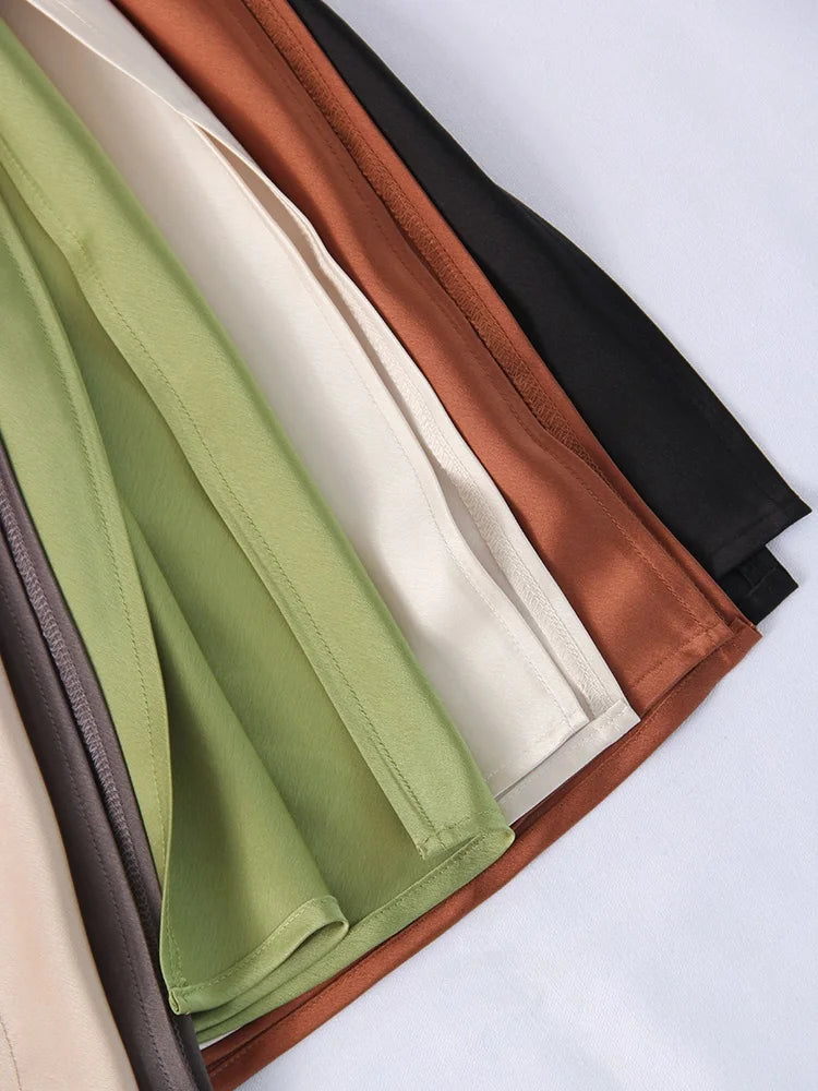 Green Satin Midi Skirts For Women Summer Elastic High Waist A Line Slit Skirt Midi Satin Silk Women Skirt With Slit Summer 2024