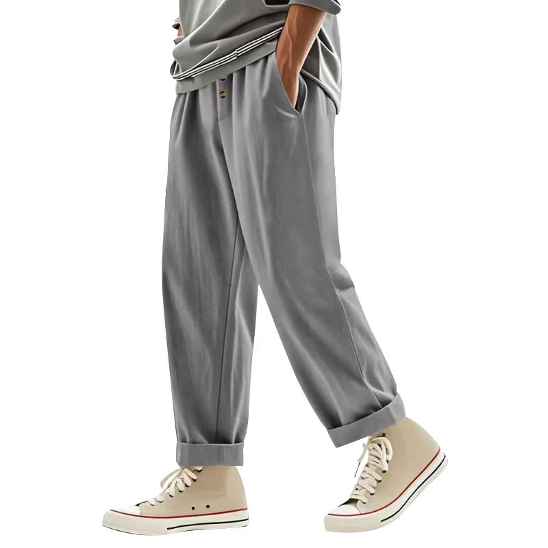 Men's Boho Linen Blend Wide Leg Pants High Waist Drawstring Button Fly Loose Fit Trousers with Side Pockets