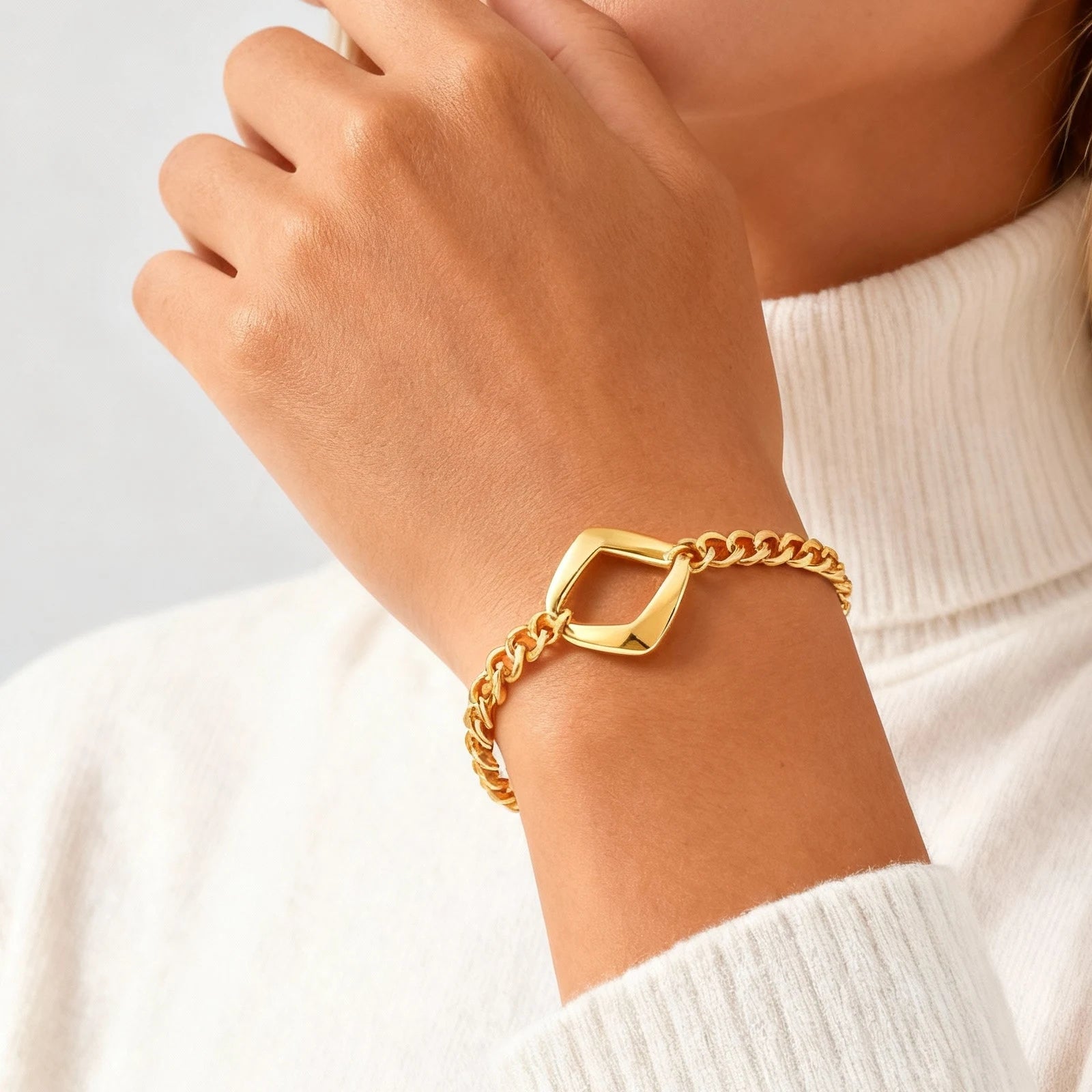 Elegant Minimalist Cuban Chain Bracelet for Women, Adjustable Hollow Geometric Stainless Steel Fashion Jewelry