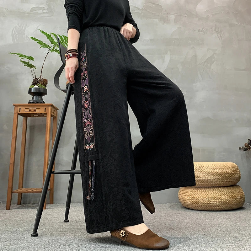 Ele Embroidered Cotton Linen Wide Leg Pants Women's Casual High Waist Trousers Spring Autumn New Sle Comfortable Loose Fit