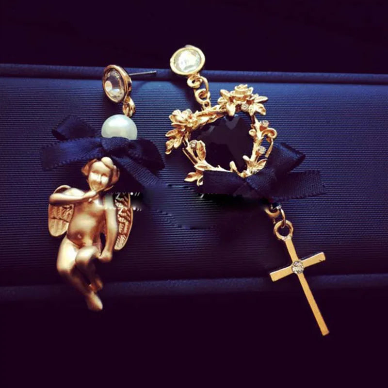 Baroque Asymmetrical Vintage Cross Pearl Pendant Earrings For Women Lady Crsytal Heart Angel Ear Rings Classic Long Earring