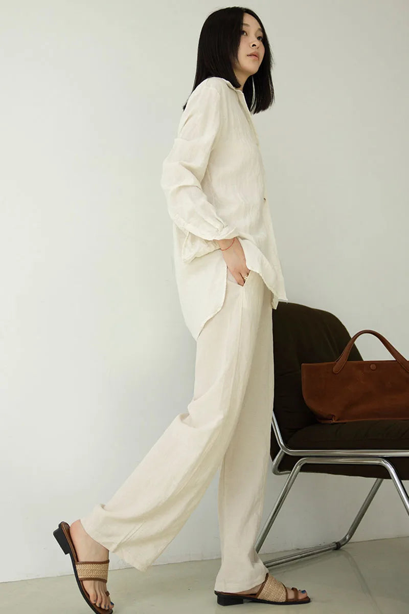 Women's Linen Lyocell Blend Wide Leg Pants Solid Color Versatile Casual Loose Straight Pants Spring Summer High Waist Trousers
