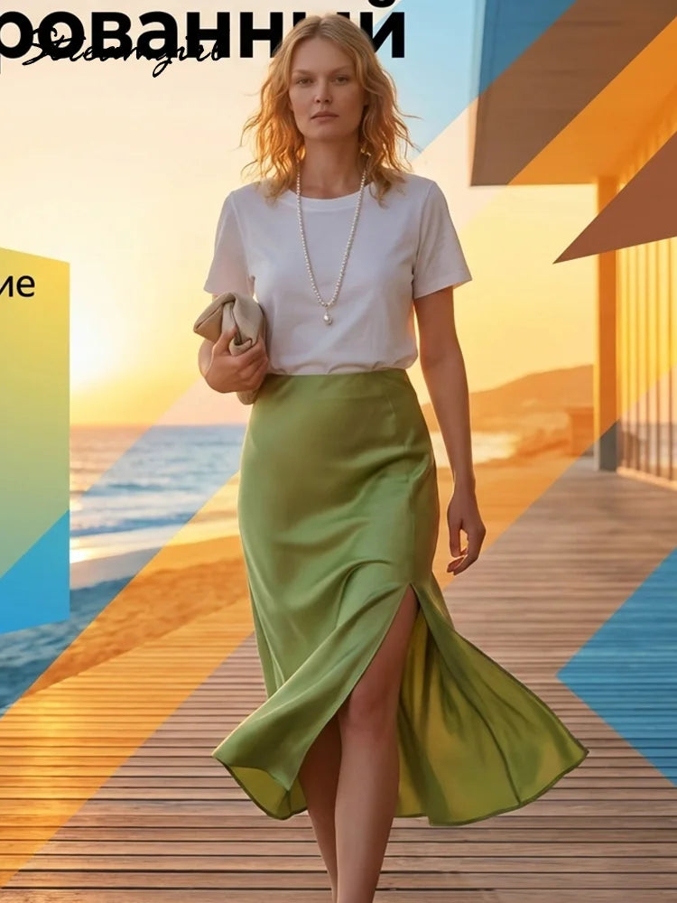 Midi Satin Skirts Women Luxury Summer Black Formal Silk Office Skirt With Slit A Line Green Midi Skirt Burgundy Women Elegant