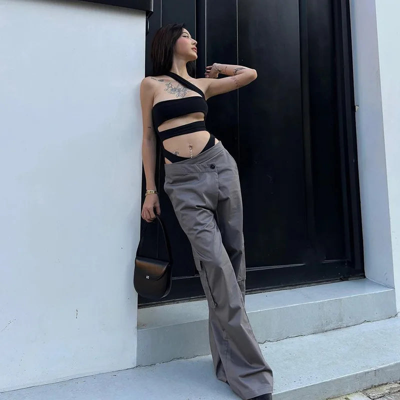 Solid Black Bodysuit Lingerie Sexy Tops For Women Club Outfit Inclined Collar Body Feminino One-pieces Hollow Out Y2k Clothes