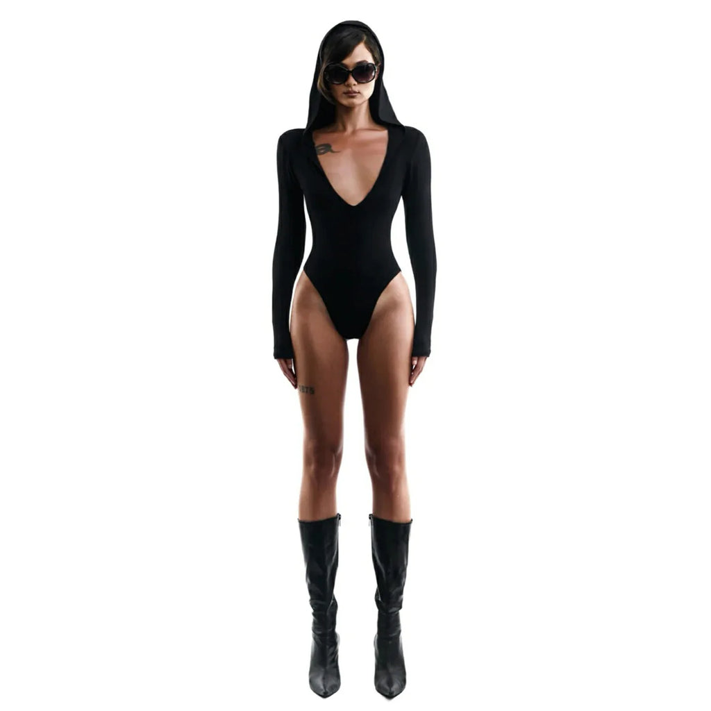 Hooded Bodysuit V-neck Body Feminino Long Sleeve Lingerie Sexy Tops Women Y2k Clothes Solid Black One-pieces Bustier Rave Outfit