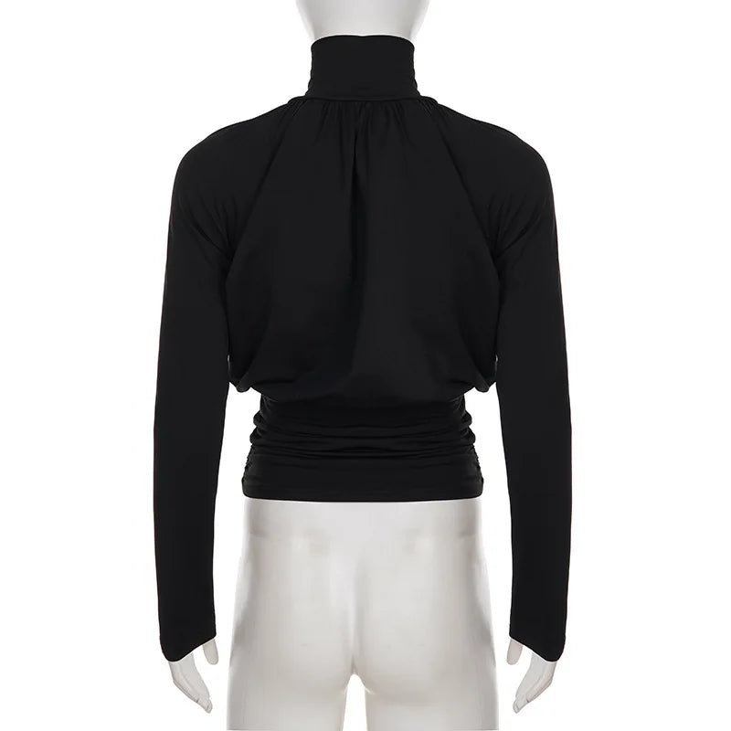 Solid Black T Shirts For Women Elegant Clothes Turtleneck Camisetas Lady Tops Long Sleeve Ropa De Mujer Shirring Feminist Shirt