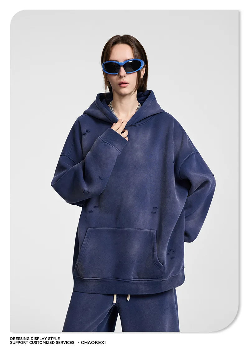 Oversized Hoodies Men Vintage Streetwear Acid Wash Ripped Hoodie Heavyweight Fleece Sweatshirt Pullover Thickened Winter Clothes