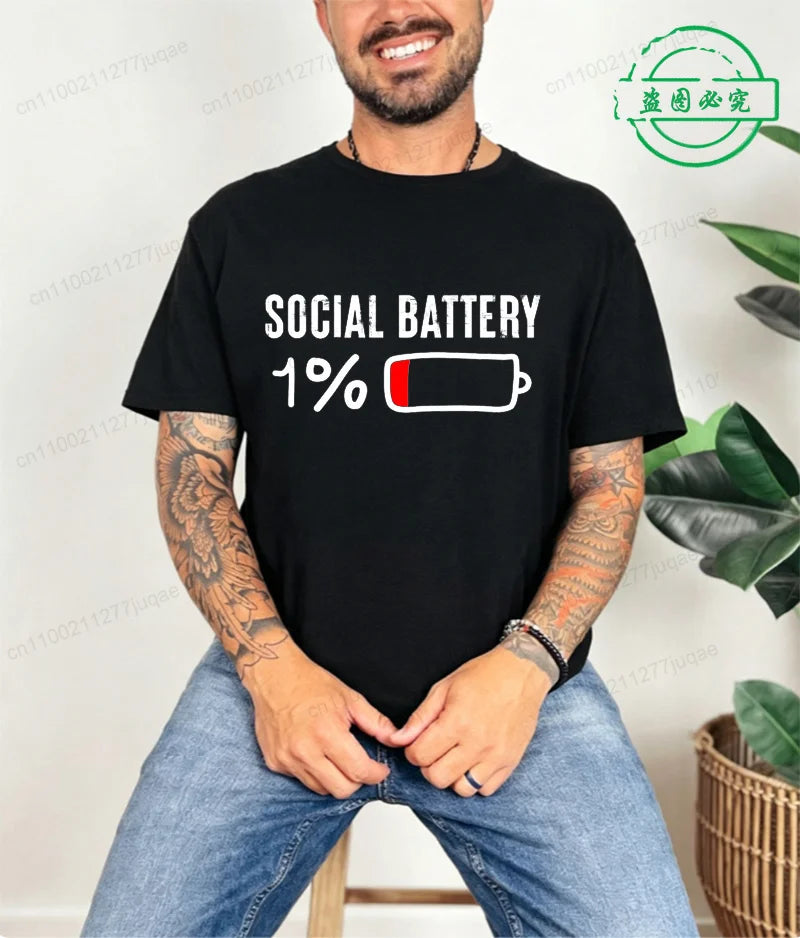 T-shirt for Men Social Battery 1 Percent Funny Introvert T Shirt Men Tops Casual Clothing Oversize Vintage Clothes Trend Tshirt